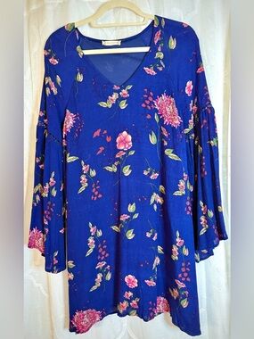 Alter’d State Navy Floral Tunic Dress | Boho Bell Sleeve Mini | Size Small